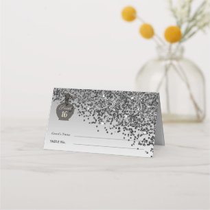 Sweet 16 Noir Fragrance Black & Silver Glitter Place Card