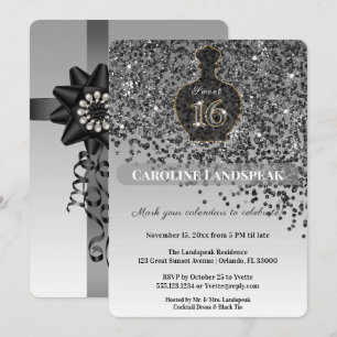 Sweet 16 Noir Perfume Bottle Black Glitter Silver  Invitation