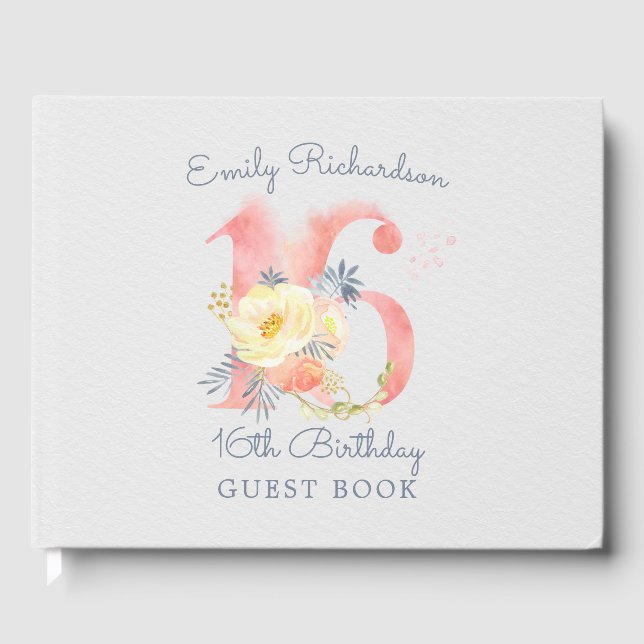 Sweet 16 Number 16 Blush Pink Floral 16th Birthday Guest Book (Front)