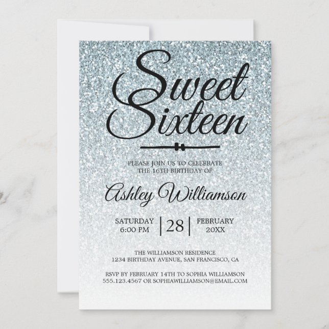 Sweet 16 Pale Blue Glitter Ombre 16th Birthday Invitation (Front)