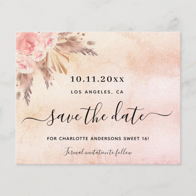 Sweet 16 pampas blush budget save the date flyer (Front)