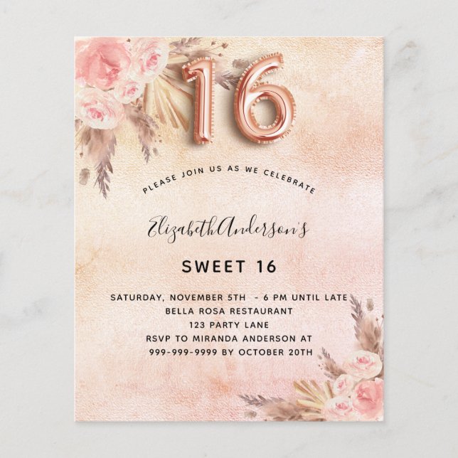 Sweet 16 pampas grass rose gold budget invitation flyer (Front)