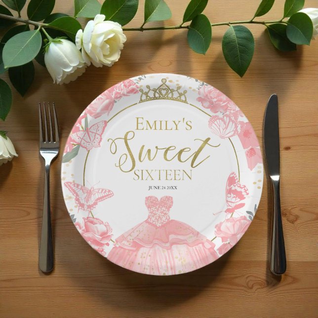 Sweet 16 Paper Plates Butterfly Pink Dress Floral  (Creator Uploaded)