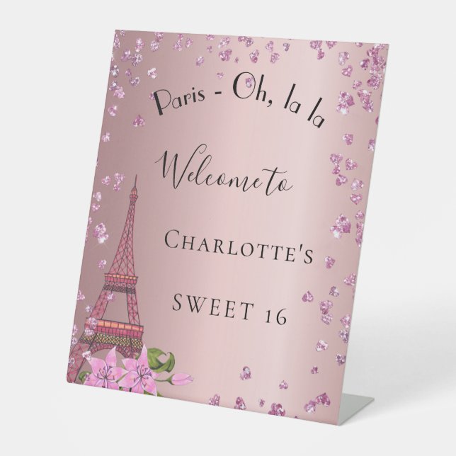 Sweet 16 Paris blush pink eiffel tower welcome Pedestal Sign (Front)