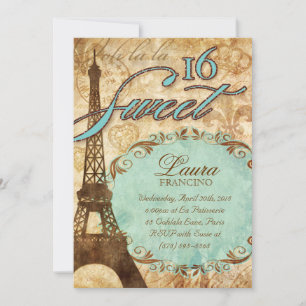 Sweet 16 Paris Invite Eiffel Tower Vintage Blue Br