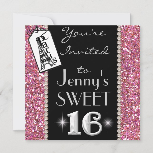 SWEET 16 Paris THEME Party Invitation with BLING! (Front)