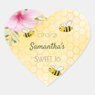 Sweet 16 party Bee Happy bumble bees honeycomb Heart Sticker