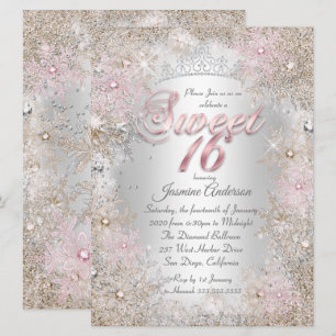 Sweet 16 Party Beige Pink Silver Winter Wonderland Invitation