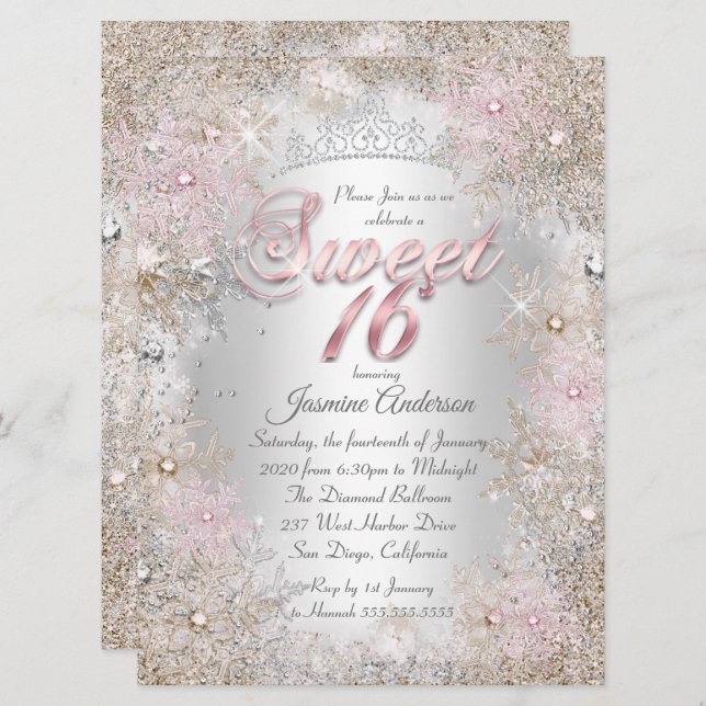 Sweet 16 Party Beige Pink Silver Winter Wonderland Invitation (Front/Back)