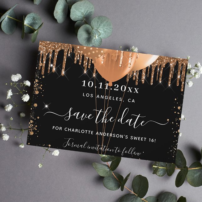 Sweet 16 party black gold balloons save the date announcement postcard (Creator Uploaded)
