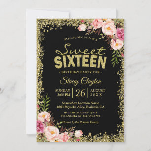 Sweet 16 Party - Black Gold Glitters Pink Floral Invitation