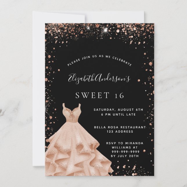 Sweet 16 party black rose gold glitter dress invitation (Front)