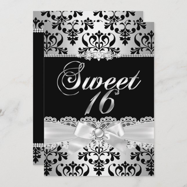 Sweet 16 Party Black Silver Damask Pearl Bow Invitation (Front/Back)