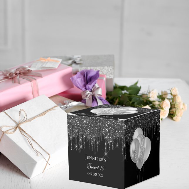 Sweet 16 party black silver glitter balloons favour box (Creator Uploaded)