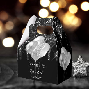 Sweet 16 party black silver glitter drips balloons favour box