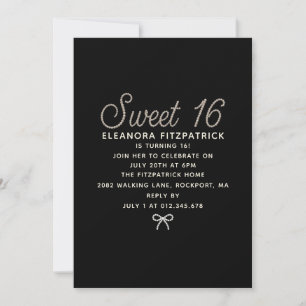 Sweet 16 Party Black White Pearl Script Bow Invitation