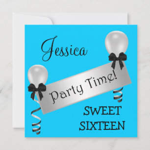 Sweet 16 Party Blue Black Silver Bows Balloons Invitation