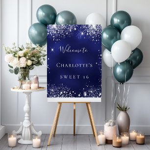 Sweet 16 party blue silver glitter sparkle welcome poster