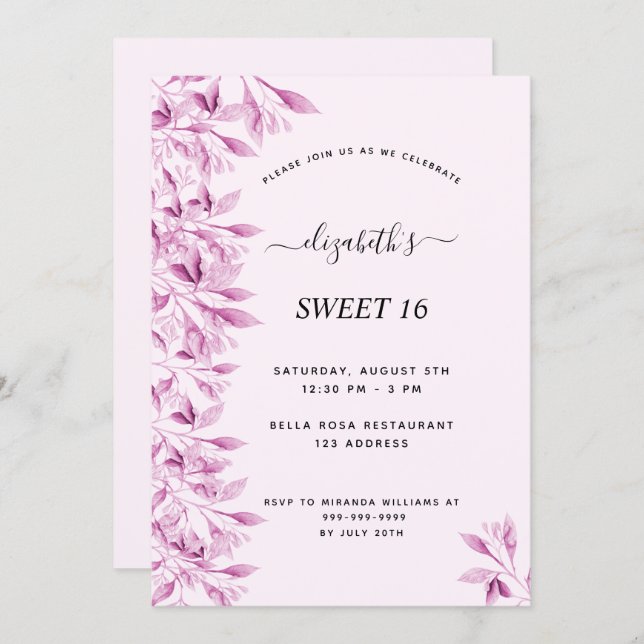 Sweet 16 party blush pink florals botanical invitation (Front/Back)