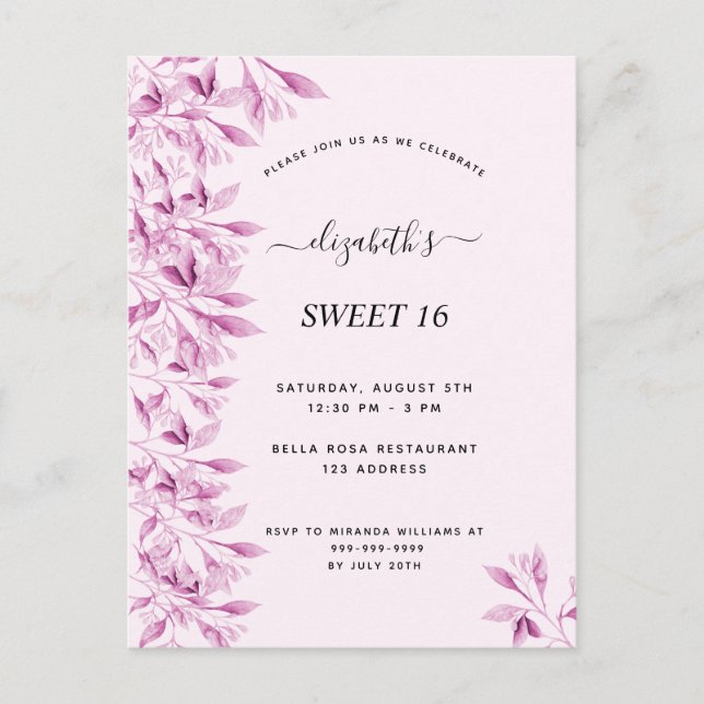Sweet 16 party blush pink florals botanical postcard (Front)