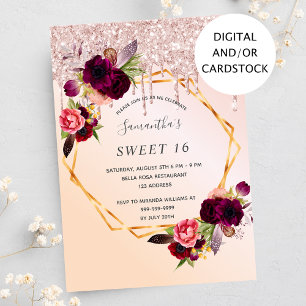 Sweet 16 party burgundy florals rose gold glitter invitation