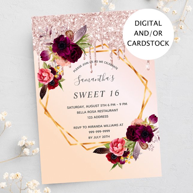 Sweet 16 party burgundy florals rose gold glitter invitation (Creator Uploaded)