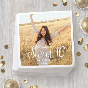 Sweet 16 Party Chic Trendy Script & Photo Modern Napkin