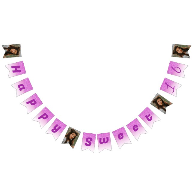 Sweet 16 Party, Falling Pink Glitter & 4 Photos Bunting (All)