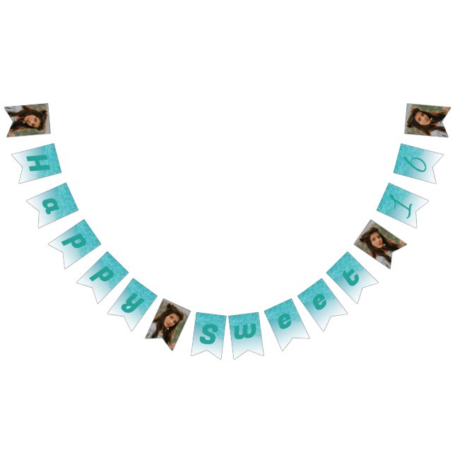 Sweet 16 Party, Falling Teal Glitter & 4 Photos Bunting (All)