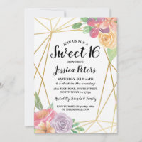 Sweet 16 Party Floral Gold Frame Summer Invite