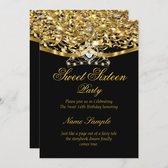 Sweet 16 Party Glitter Gold Black Invitation (Front/Back)