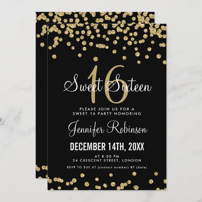 Sweet 16 Party Gold & Black Glitter Confetti Invitation (Front/Back)