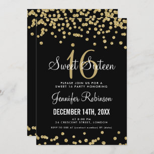 Sweet 16 Party Gold & Black Glitter Confetti Invitation