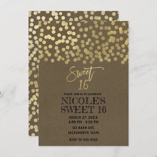 Sweet 16 Party Gold Foil Modern Chic Rustic Kraft Invitation (Front/Back)