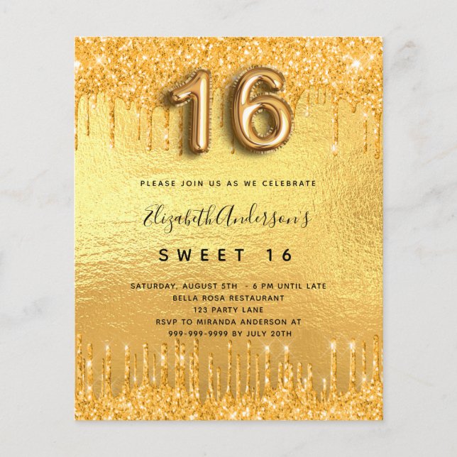 Sweet 16 party gold glitter drip invitation (Front)