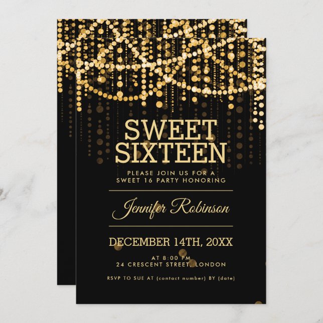 Sweet 16 Party Gold String Lights Invitation (Front/Back)