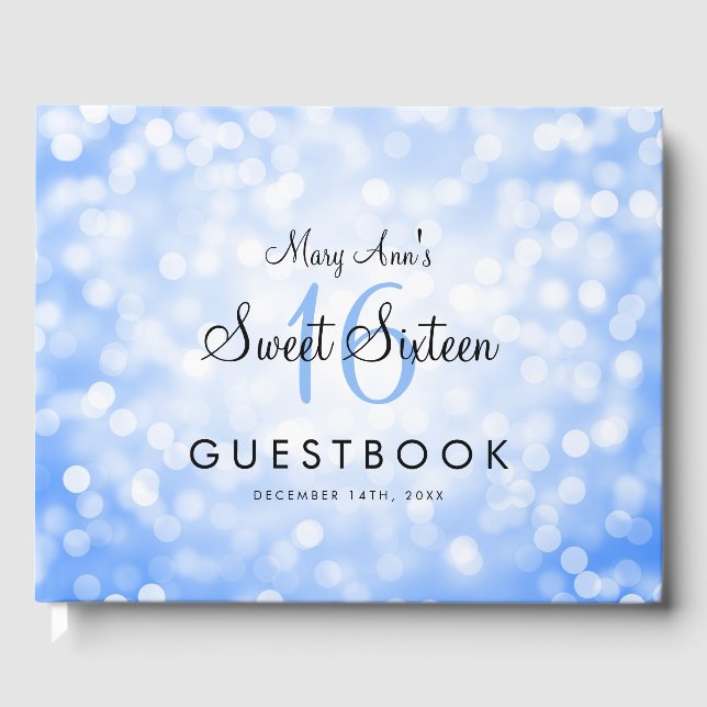 Sweet 16 Party Guestbook Blue Glitter Lights (Front)