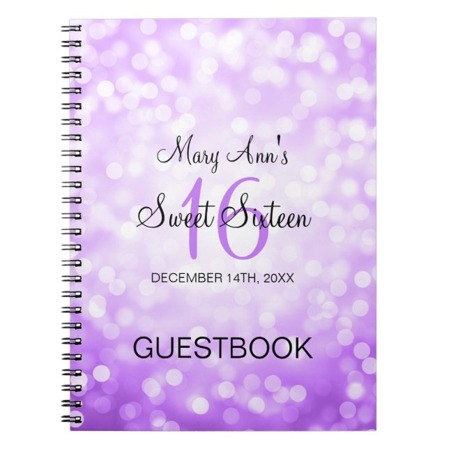 Sweet 16 Party Guestbook Purple Glitter Lights Notebook (Front)