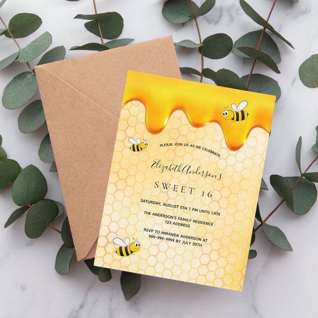 Sweet 16 party honeycomb bumble bees invitation postcard (Creator Uploaded)