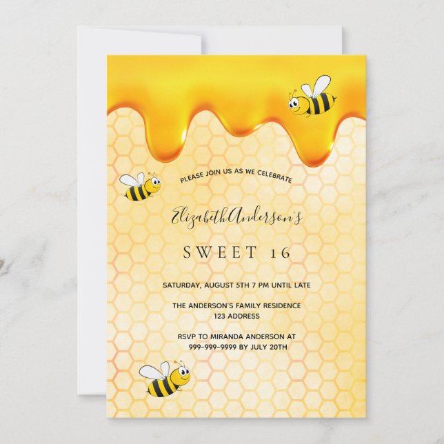 Sweet 16 party honeycomb sweet bumble bees invitation (Front)