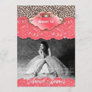 Sweet 16 Party Invite Leopard Crown Coral