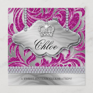 Sweet 16 Party Invite Pink Crown Jewellery Leaves