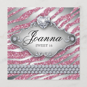 Sweet 16 Party Invite Pink Jewellery Glitter Zebra