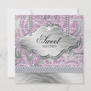 Sweet 16 Party Invite Pink Silver Jewellery Leaves
