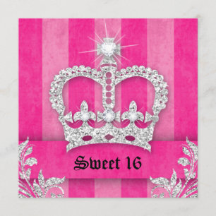 Sweet 16 Party Invite Pink Stripes Crown Tiara