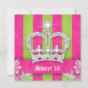 Sweet 16 Party Invite Pink Stripes Crown Tiara Lim