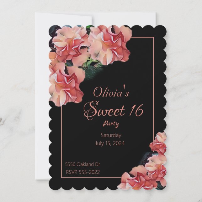 Sweet 16 party invites with pink flowers and black (Front)