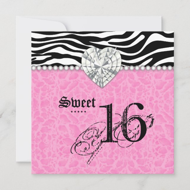 Sweet 16 Party leopard Zebra Lace Heart Diamond Invitation (Front)
