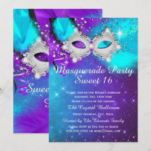 Sweet 16 Party Mask Teal Purple Silver Masquerade Invitation