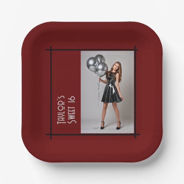 sweet 16 party paper napkin burgundy red black  plate (Front)